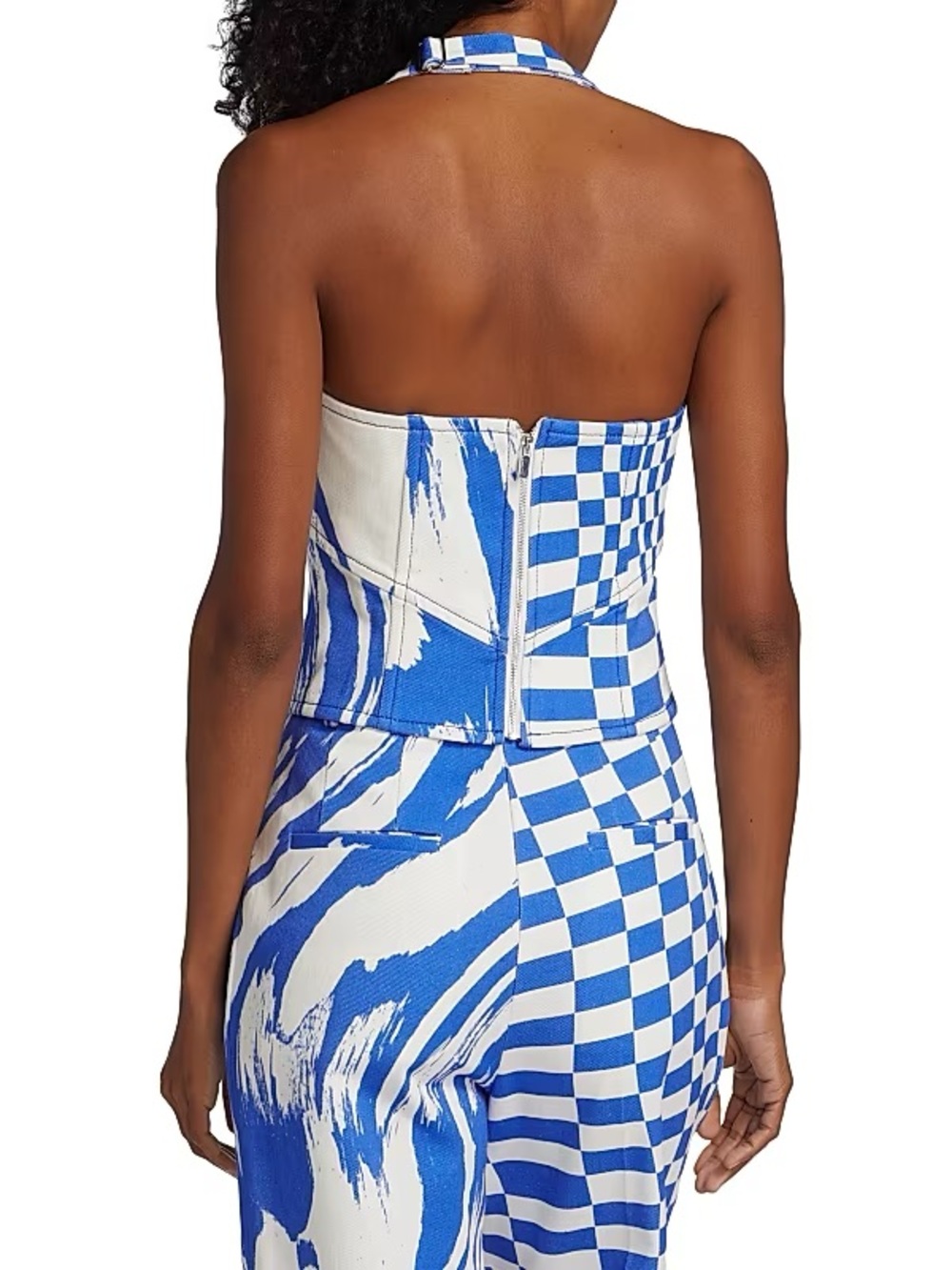 Christopher John Rogers Blue and White Wave & Check Denim Halter Top Size 8 NWT - Picture 4 of 8